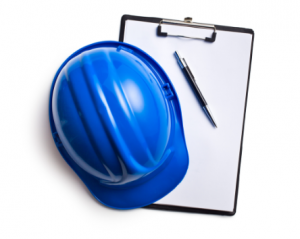 Construction helmet and clipboard